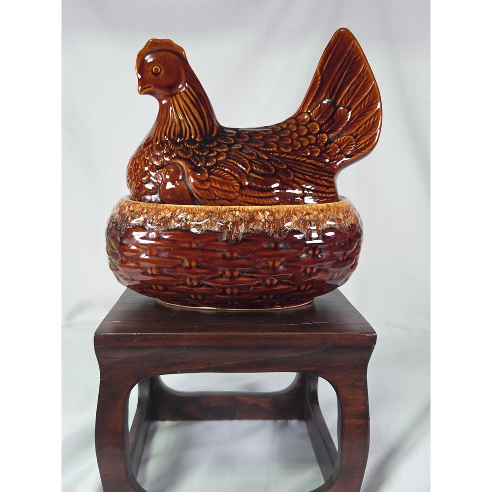 HULL Vtg. Pottery Hen on Nest Casserole Rooster Brown Drip Glaze Oven Proof USA